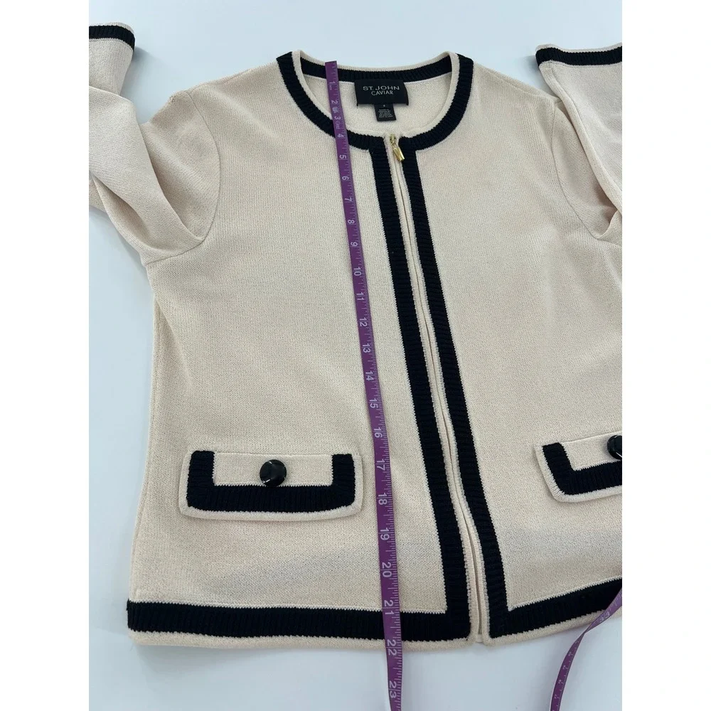 St. John Caviar Cream Black Contrast Trim Wool Knit Zip Front Jacket Old Money 8